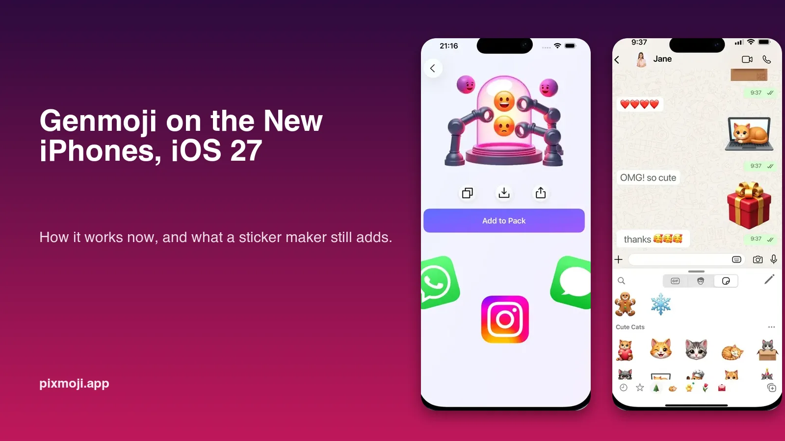 Genmoji on the iPhone 18 Pro and iPhone Duo with iOS 27, next to a Pixmoji sticker pack