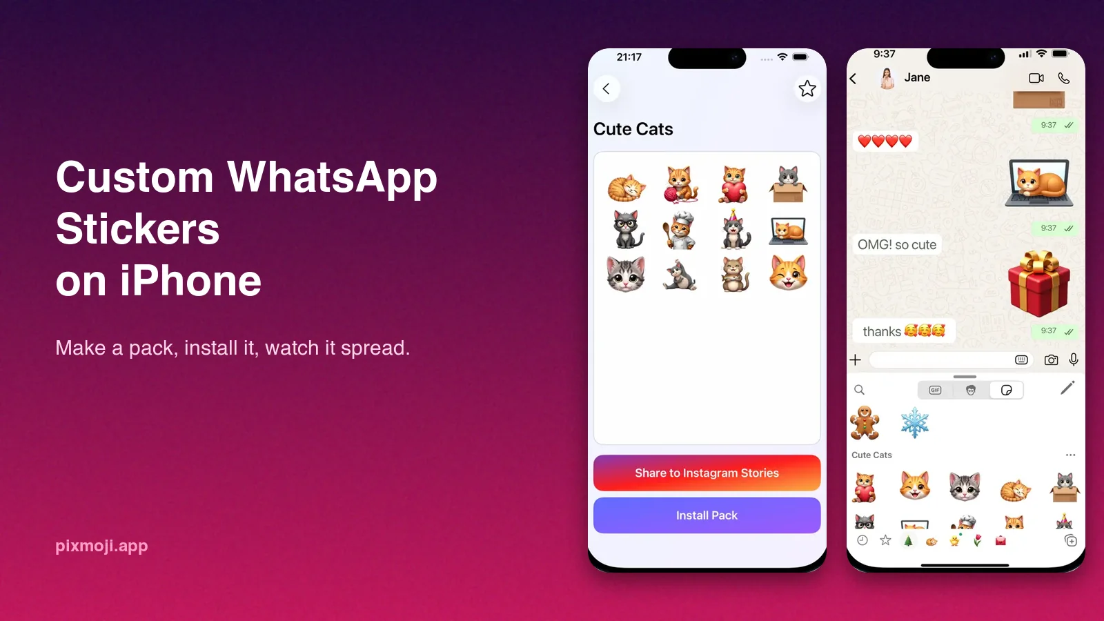 Custom WhatsApp stickers made with Pixmoji installed in the WhatsApp sticker keyboard