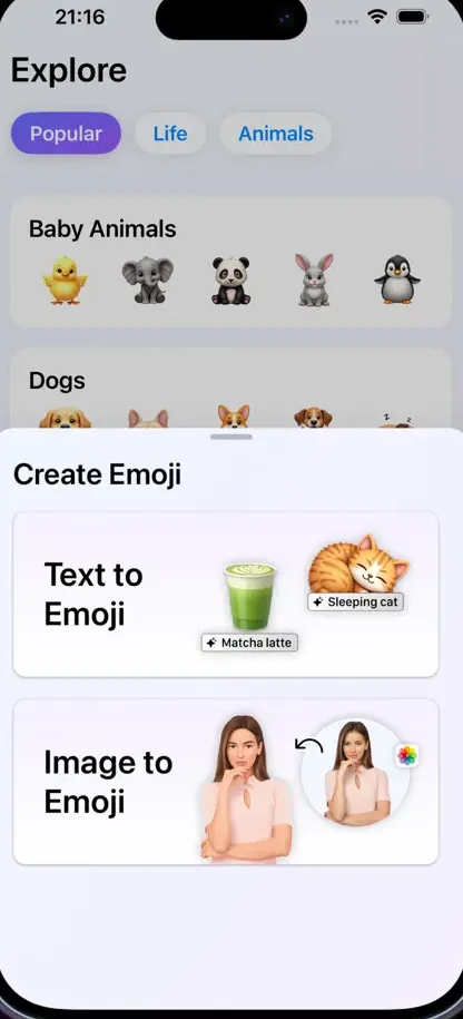 The Create Emoji sheet in Pixmoji with Text to Emoji and Image to Emoji options
