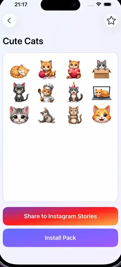 A Pixmoji sticker pack called Cute Cats with Share to Instagram Stories and Install Pack buttons