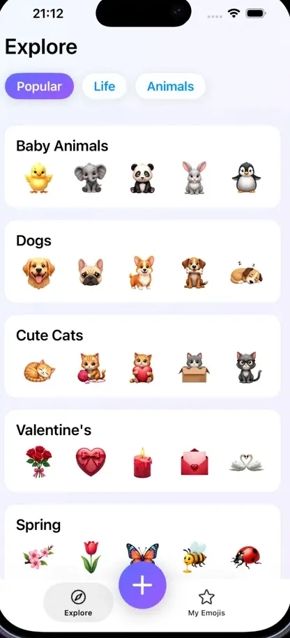 Pixmoji Explore tab with ready-made sticker packs grouped by theme