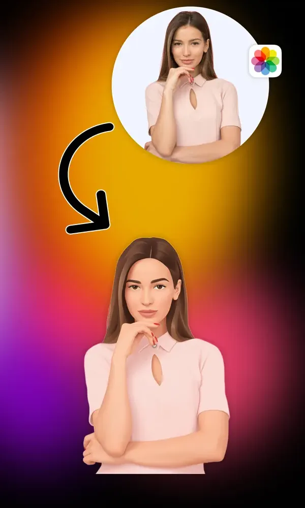 A selfie of a woman and the illustrated emoji version generated from it
