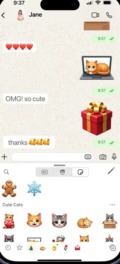 A WhatsApp chat on iPhone with a Pixmoji sticker pack open in the sticker keyboard